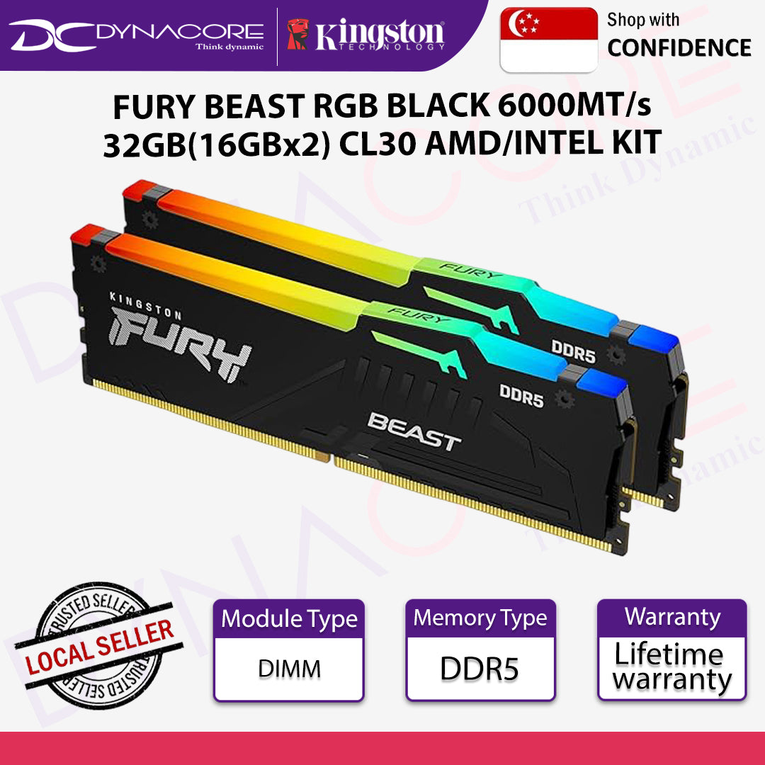 Kingston FURY Beast RGB 32GB (2x16GB) 6000MHz DDR5 CL30 Desktop Memory | AMD EXPO | Kit of 2 | KF560C30BBEAK2-32