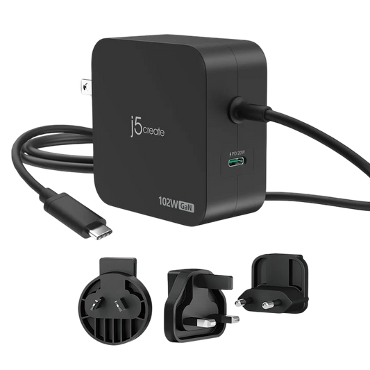 J5create 102W GaN PD USB-C® 2-Port Charger with Changeable AC Plugs - JUP25102V - 4712795088342