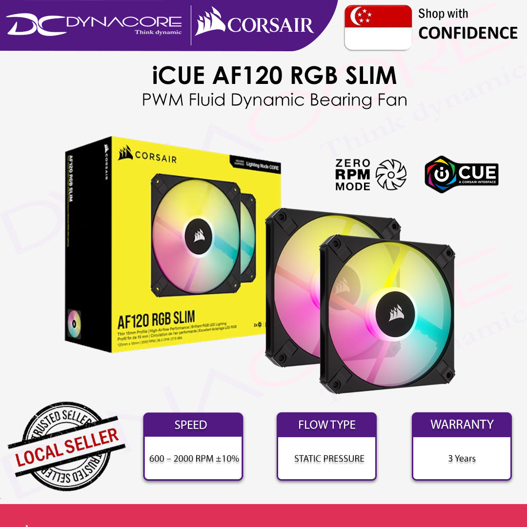 Corsair iCUE AF120 RGB SLIM 120mm PWM Fluid Dynamic Bearing Fan - Black Twin Pack CO-9050163-WW-840006693758