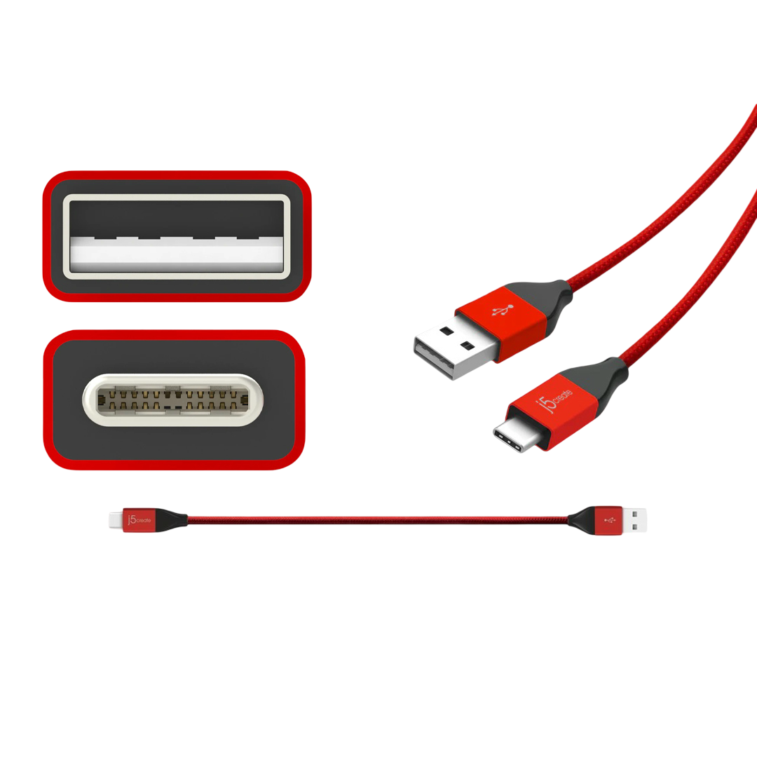 J5create USB Type-C to USB 2.0 Cable Red JUCX12RL | USB Type-C to USB Type-A | 480Mbps | 1 Year Warranty - 4712795083033
