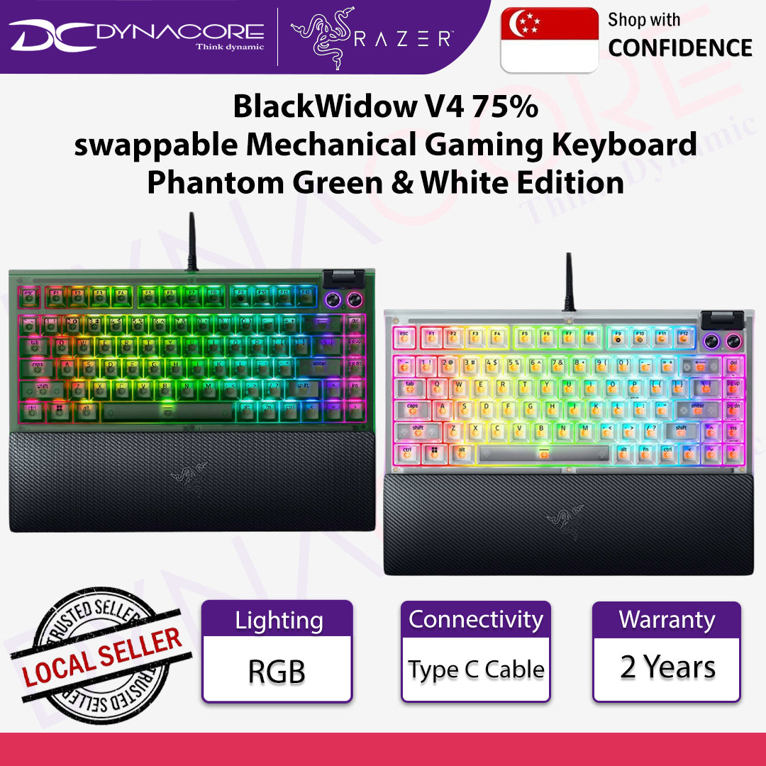Razer BlackWidow V4 75% swappable Mechanical Gaming Keyboard Phantom Green & White Edition - 8887910072783 / 8887910073834