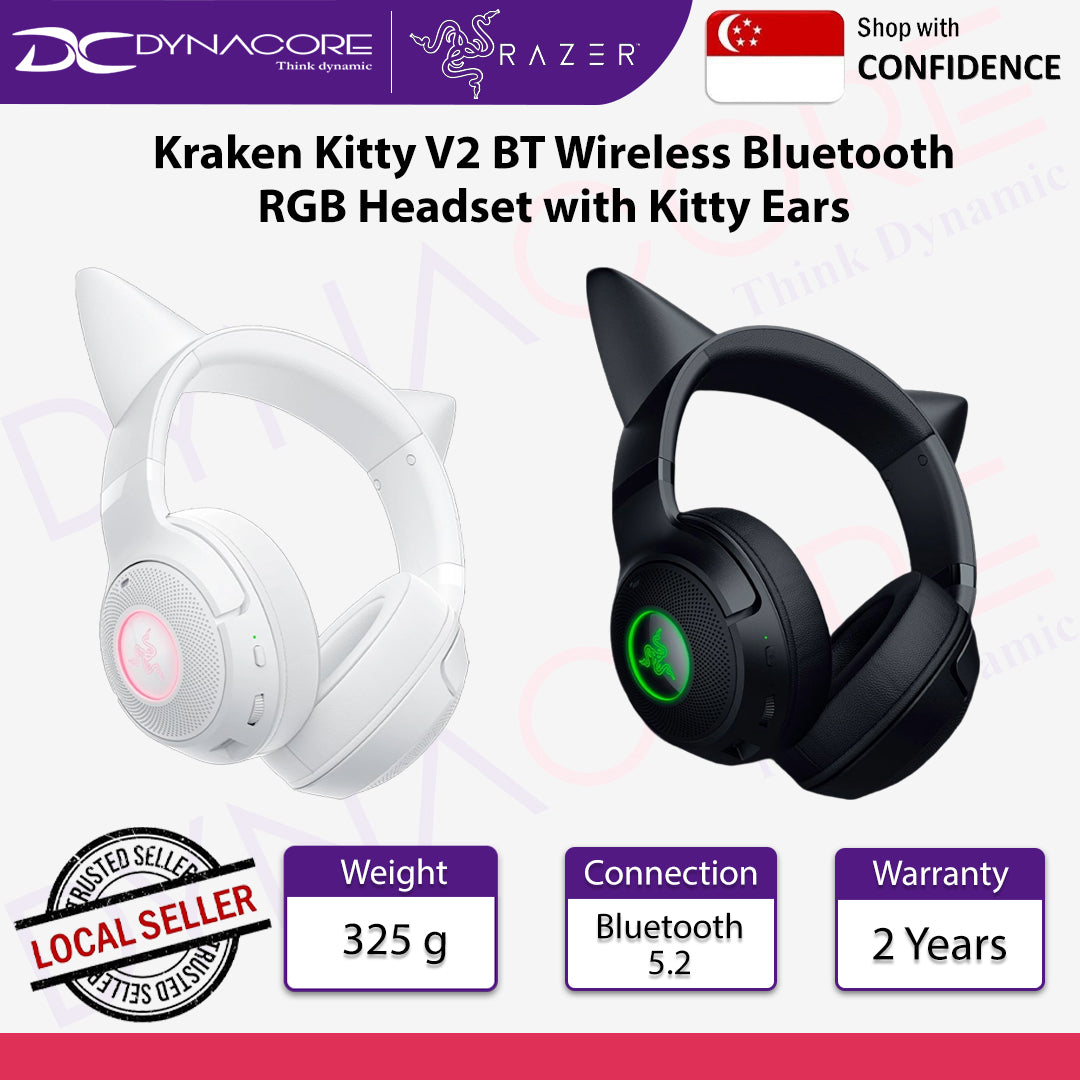 Razer Kraken Kitty V2 BT Wireless Bluetooth RGB Headset with Kitty Ears - Black / White Edition - 8887910060995 / 8887910061015