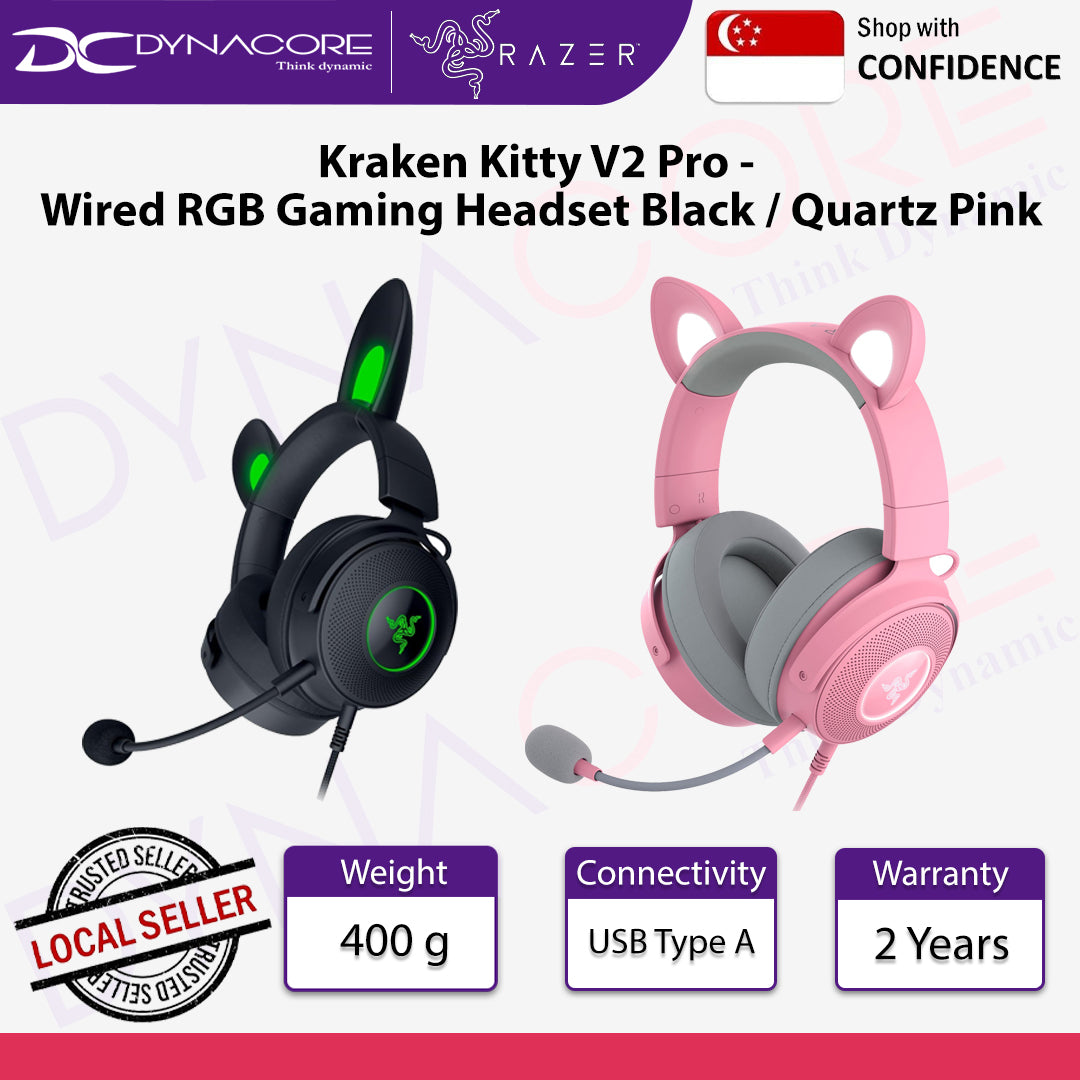 Kraken Kitty V2 Pro Dynamic Driver Wired Gaming Headset with RGB Lighting - Black/Quartz Pink - 8887910060056 / 8887910060070