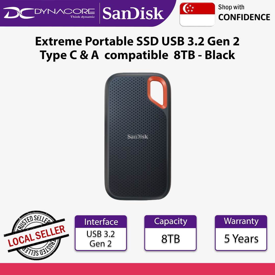 SanDisk Extreme Portable SSD SDSSDE61 USB 3.2 Gen 2 Type C and Type A compatible  8TB Black - 619659208998