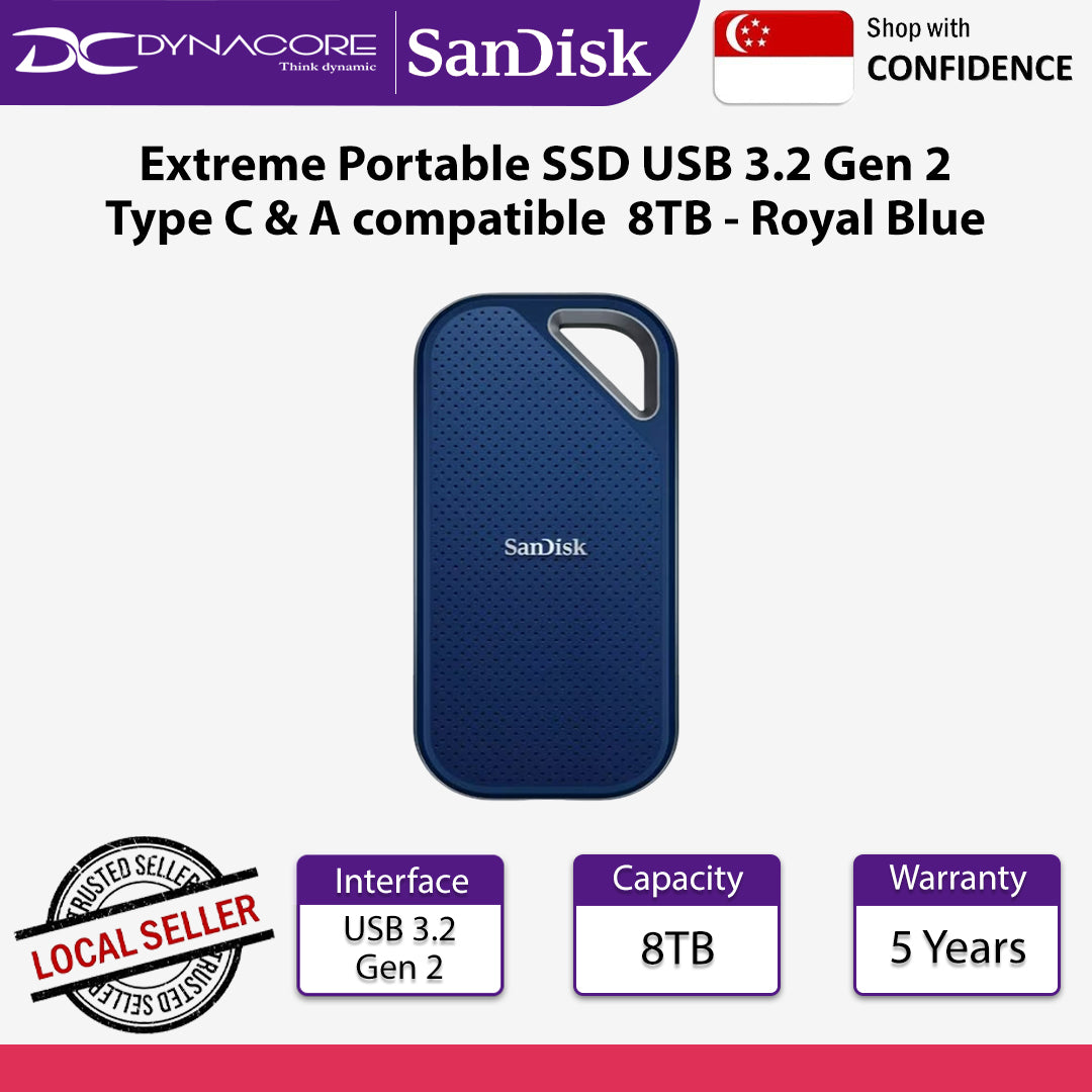 SanDisk Extreme Portable SSD SDSSDE61 USB 3.2 Gen 2 Type C and Type A compatible  8TB Royal Blue - 619659221386