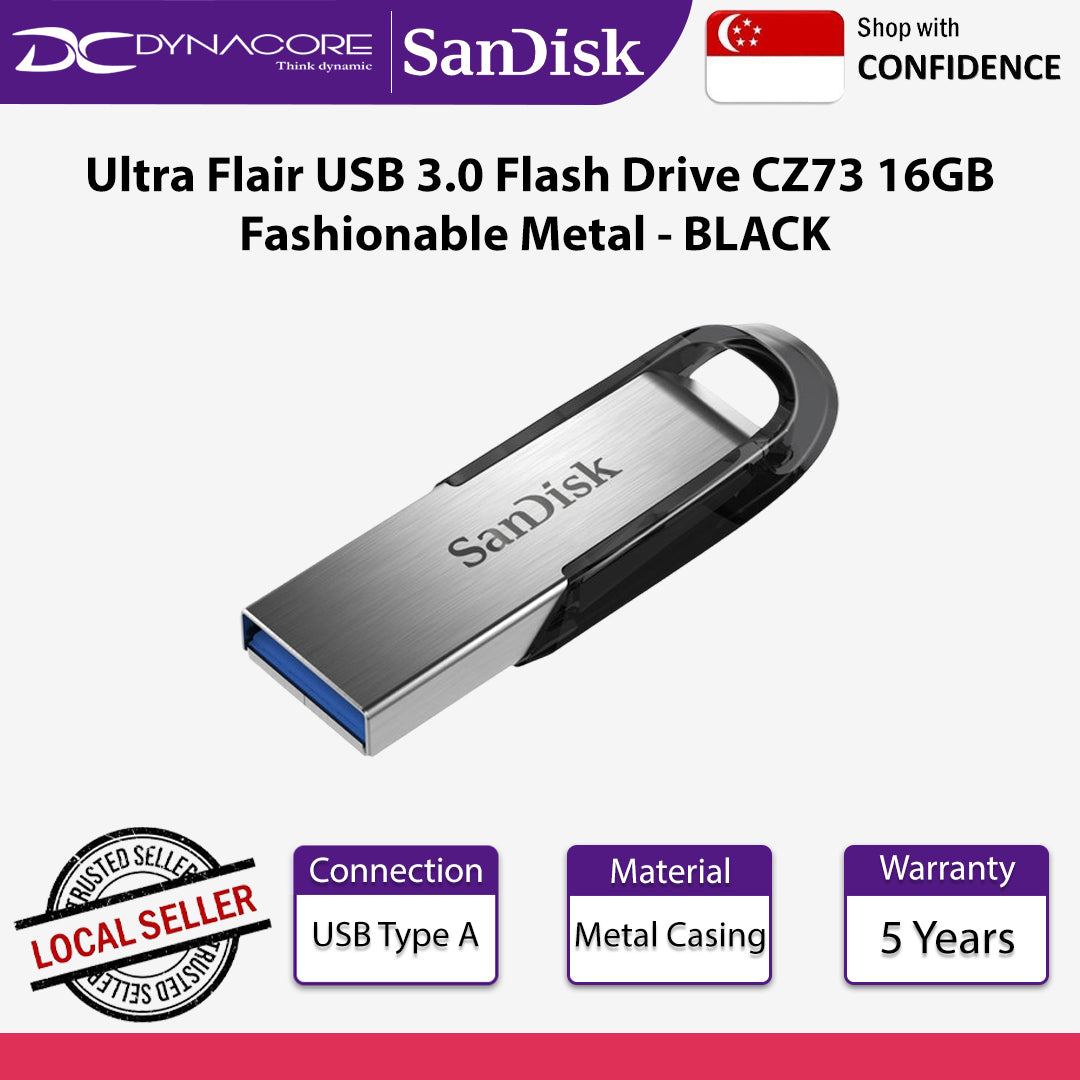 SanDisk Ultra Flair USB 3.0 Flash Drive CZ73 16GB Fashionable Metal BLACK - 619659136680