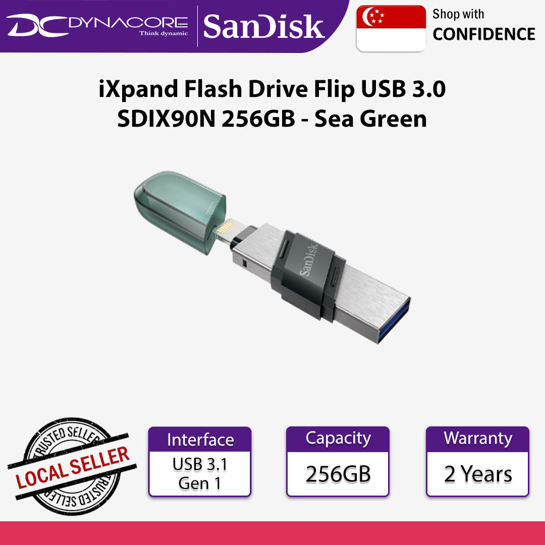 SanDisk iXpand Flash Drive Flip USB 3.0 SDIX90N 256GB Sea Green - 619659181451