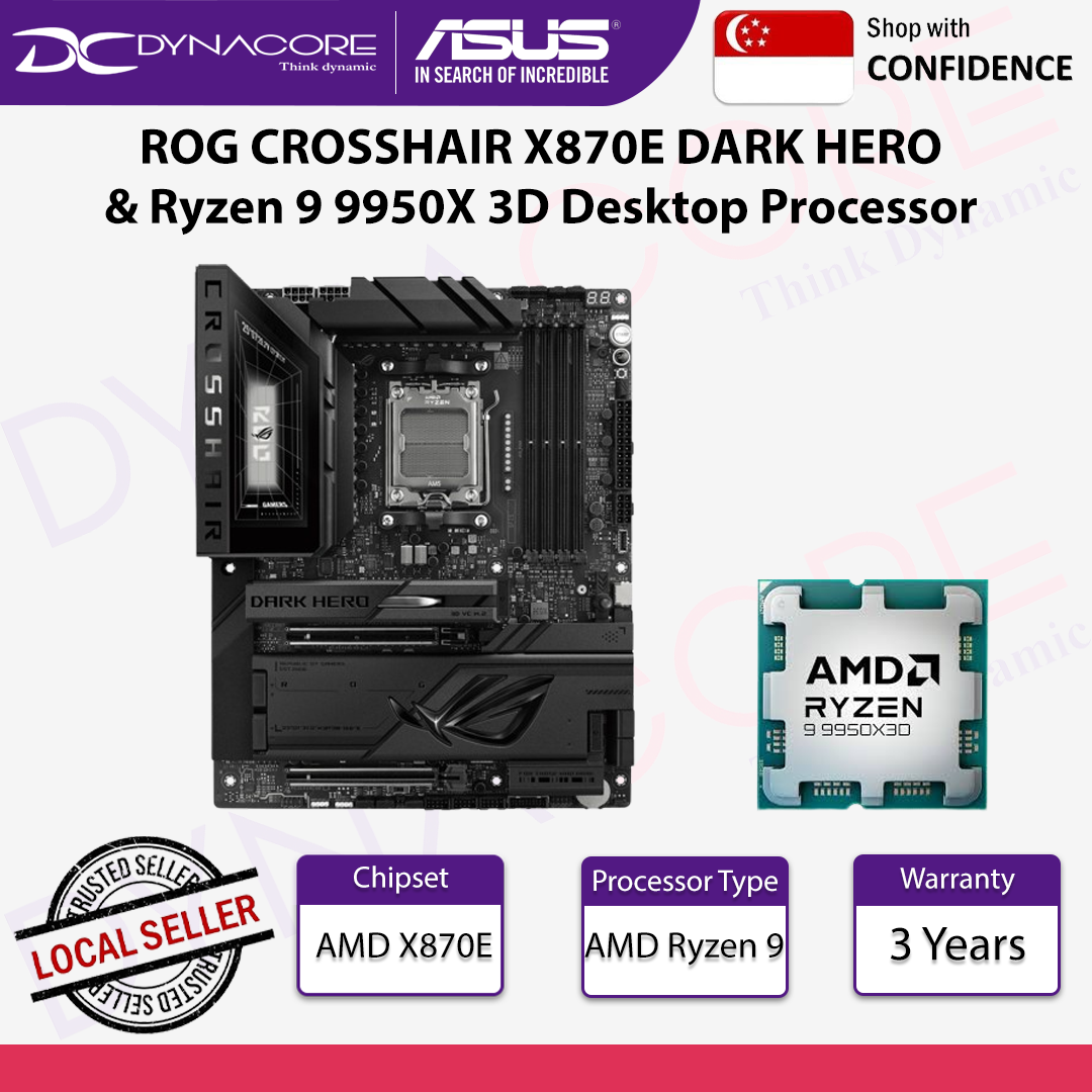 ASUS ROG CROSSHAIR X870E DARK HERO MOTHERBOARD & AMD Ryzen 9 9950X3D Desktop Processor - 4711636398688+100-000000719