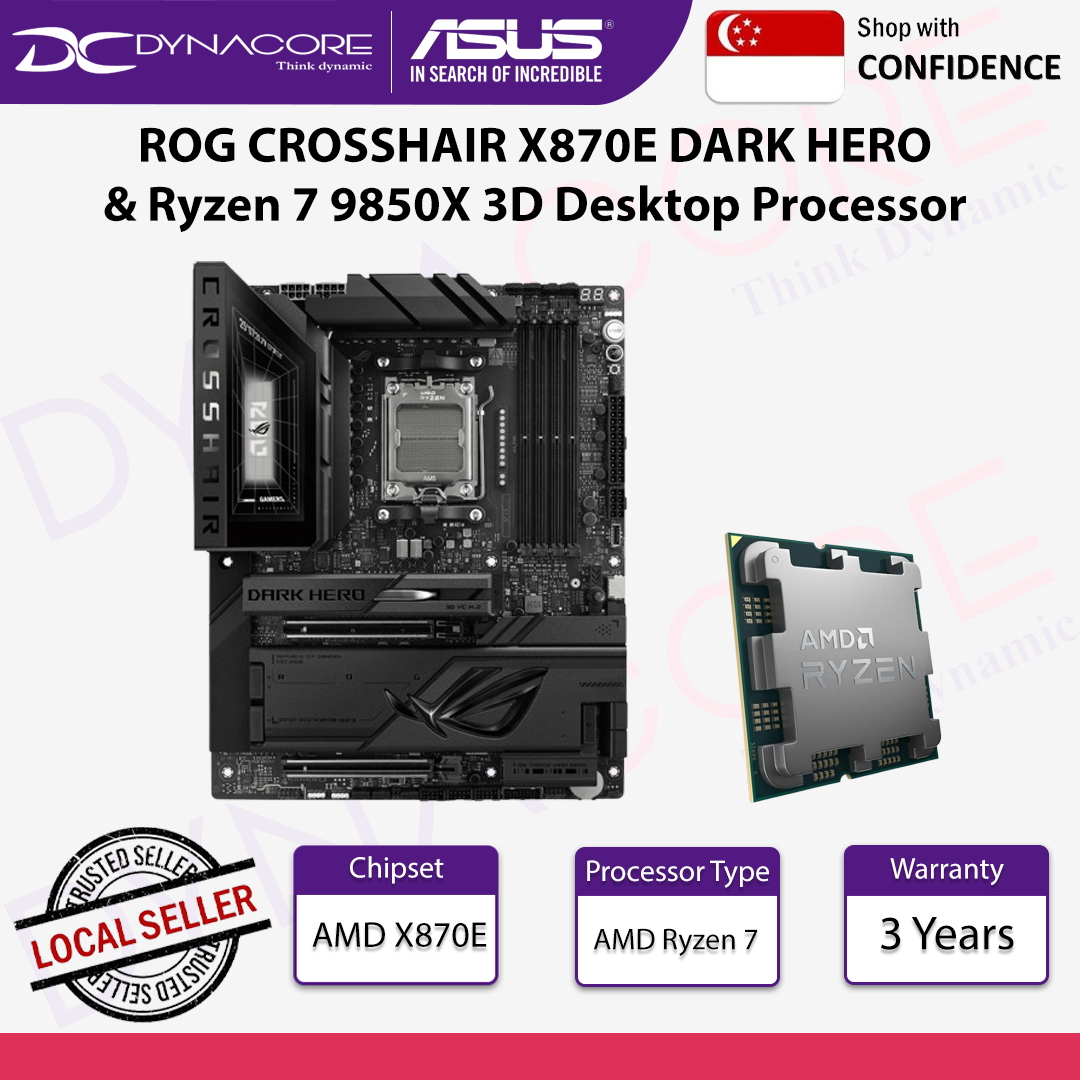 ASUS ROG CROSSHAIR X870E DARK HERO MOTHERBOARD & AMD Ryzen 7 9850X3D Desktop Processor - 4711636398688+100-000001973