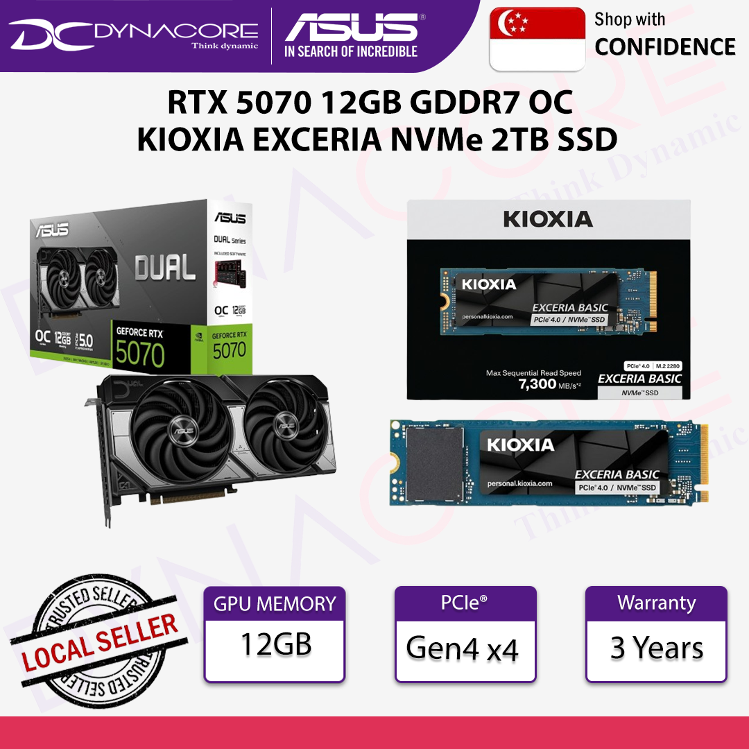 ASUS Dual GeForce RTX 5070 12GB GDDR7 OC Graphics Card + KIOXIA EXCERIA BASIC NVMe R7200 W6500 2TB SSD - 4711636046213+LSF10Z002TGB