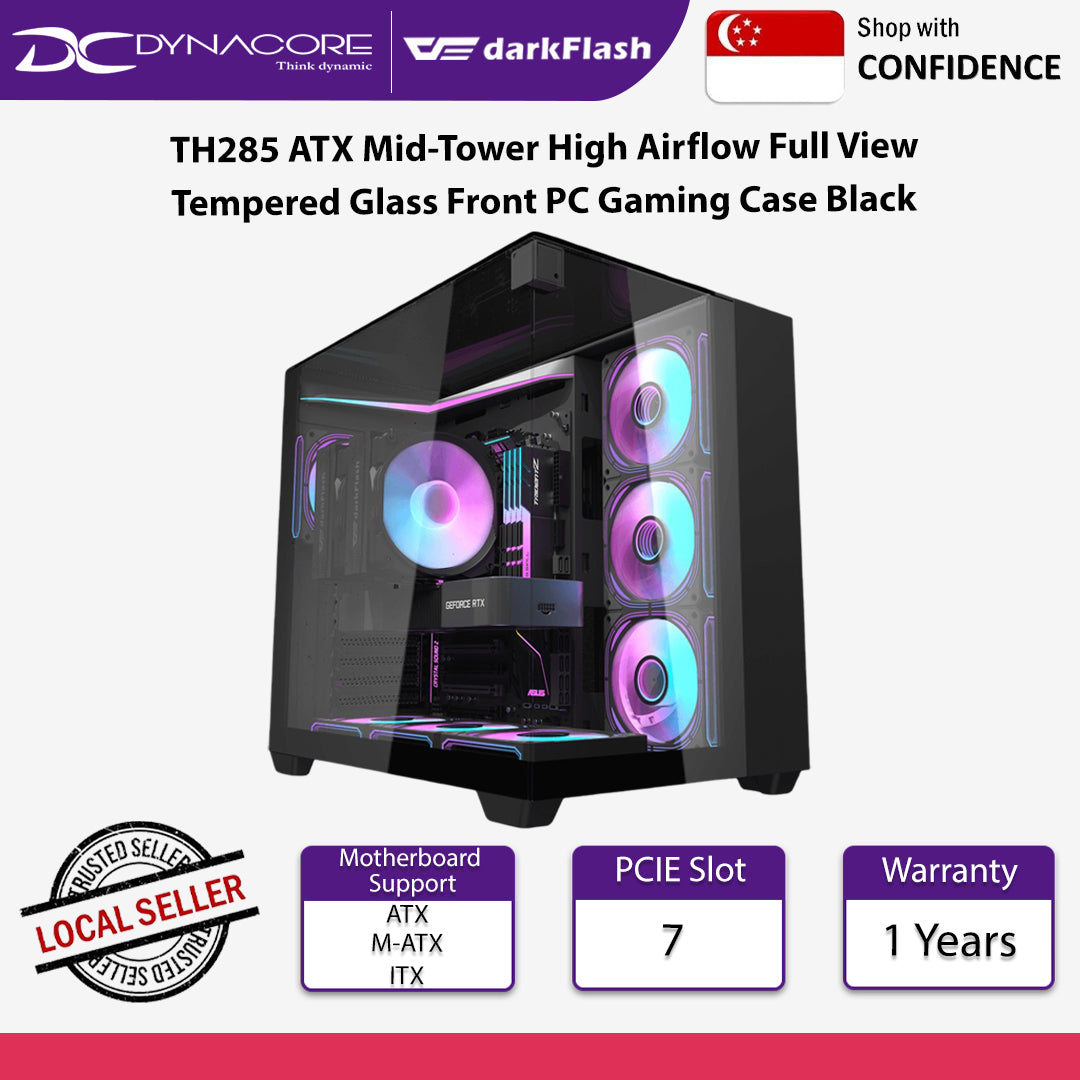 DarkFlash TH285 ATX Mid-Tower High Airflow Full View Tempered Glass Front PC Gaming Case Black - DFTH285BLK