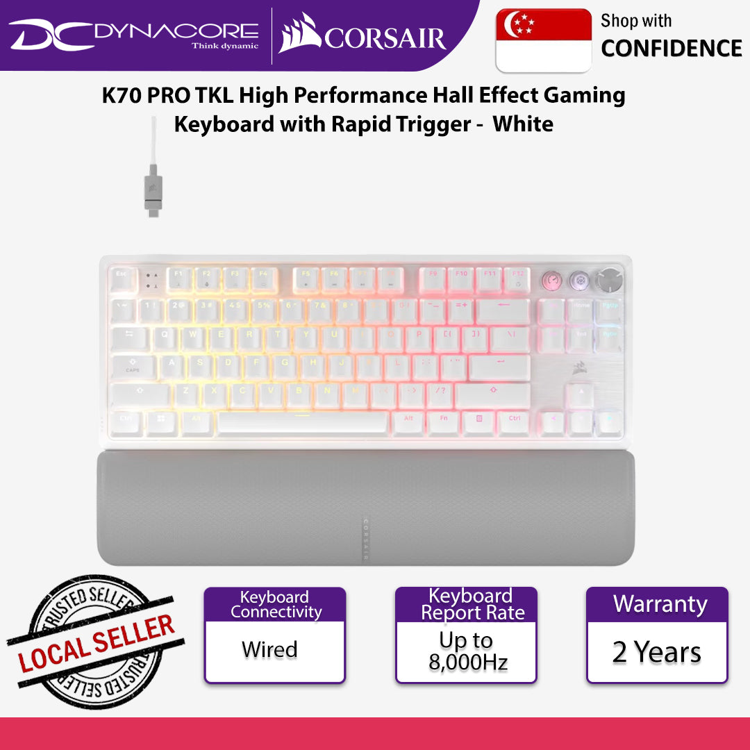 Corsair K70 PRO TKL High Performance Hall Effect Gaming Keyboard with Rapid Trigger White - 840006686637
