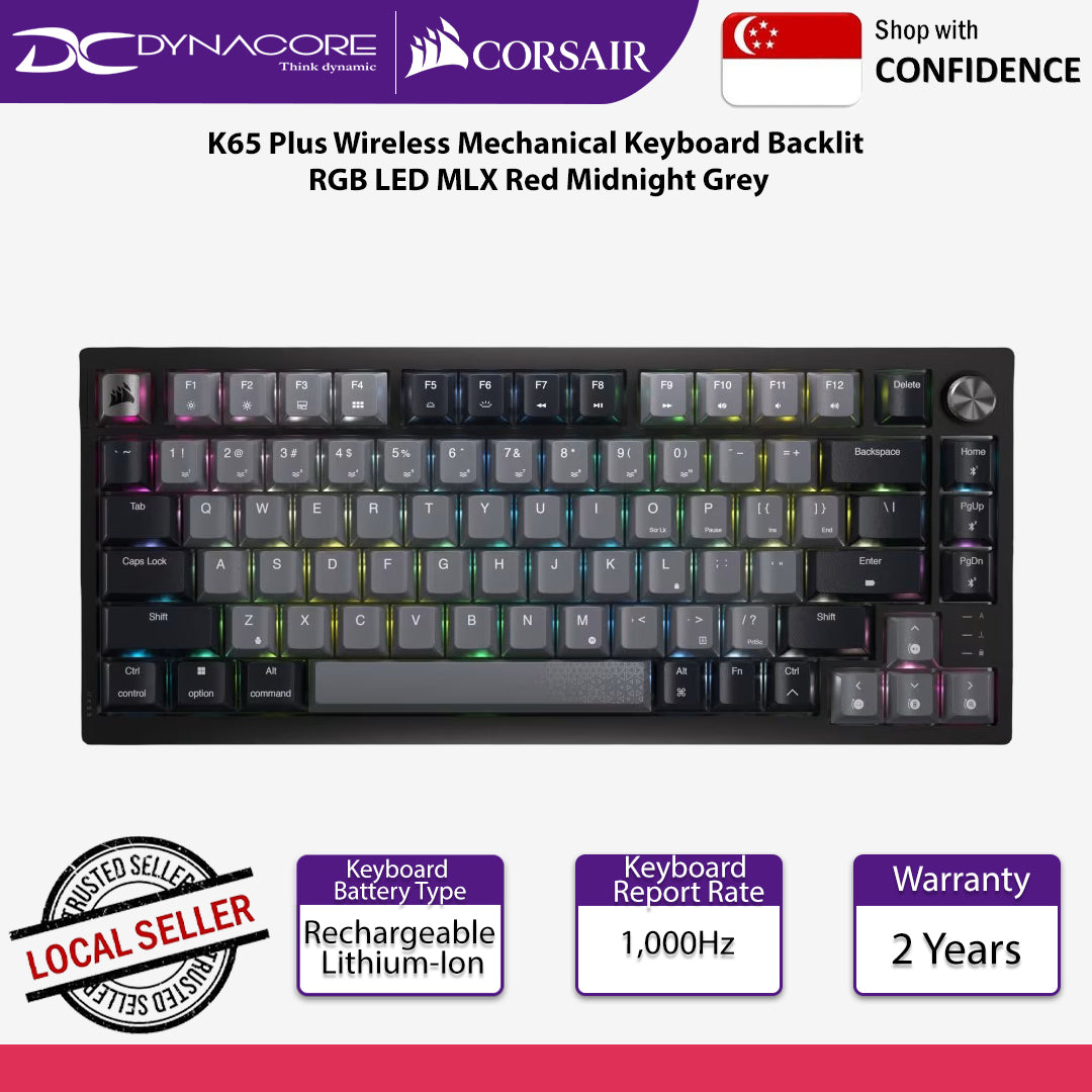 CORSAIR K65 Plus Wireless Mechanical Keyboard, Backlit RGB LED, Corsair MLX Red - MIDNIGHT GRAY - 840006665366