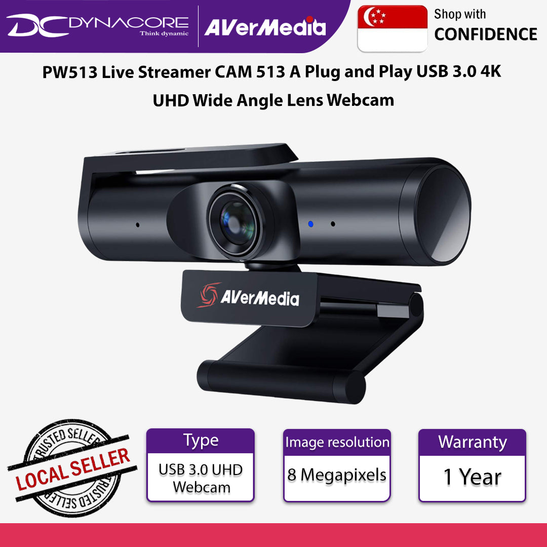 Avermedia PW513 Live Streamer CAM 513 A Plug and Play USB 3.0 4K UHD Wide Angle Lens Webcam - PW513