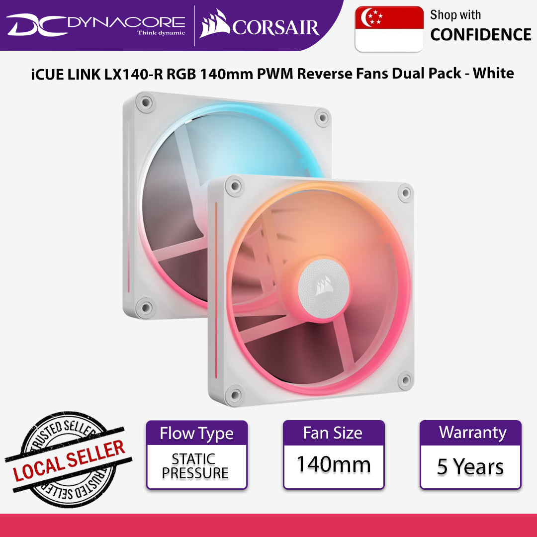 Corsair iCUE LINK LX140-R RGB 140mm PWM Reverse Fans Dual Pack -  White - 840006688754