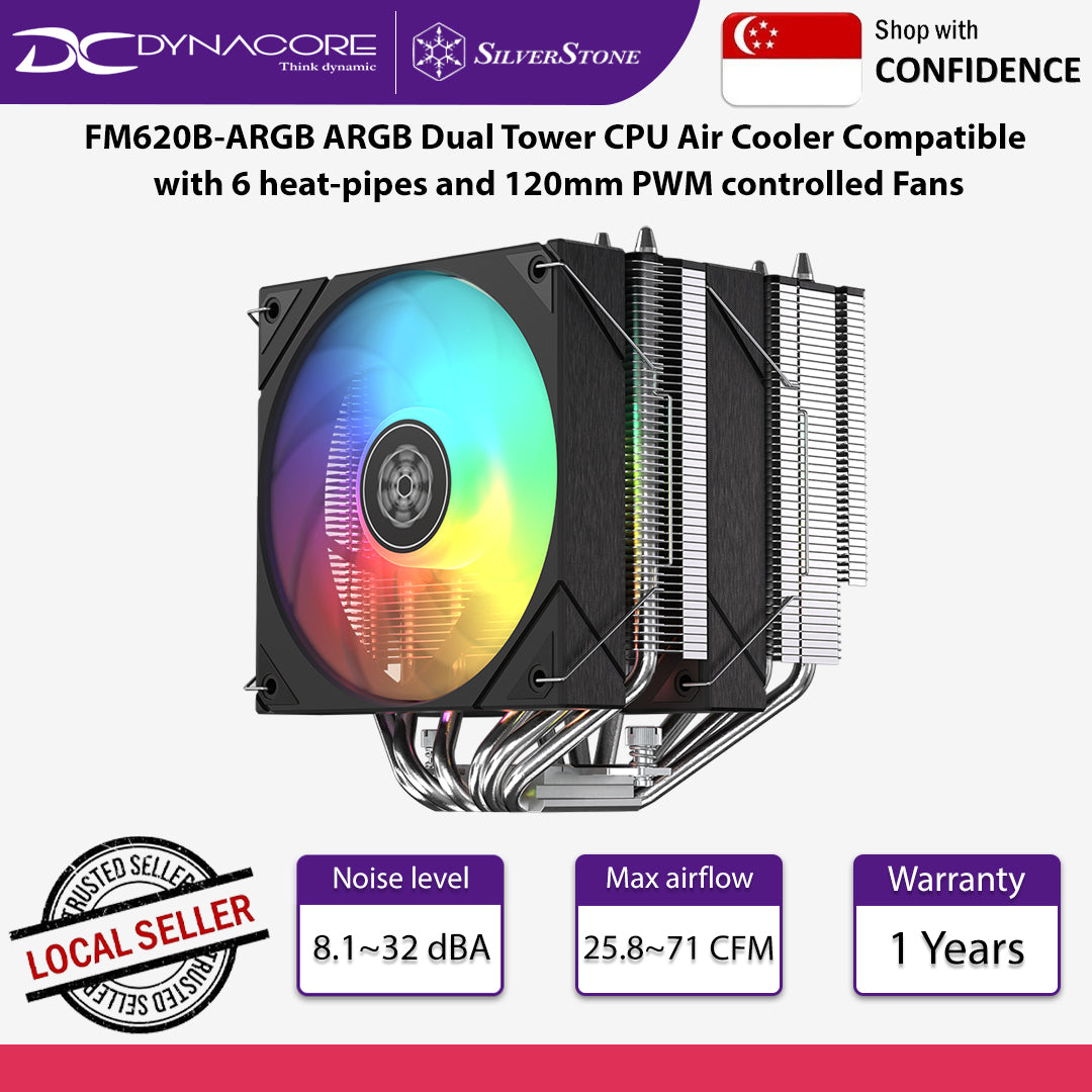 SilverStone FM620B-ARGB ARGB Dual Tower CPU Air Cooler Compatible with 6 heat-pipes and 120mm PWM controlled Fans - SST-FM620B-ARGB