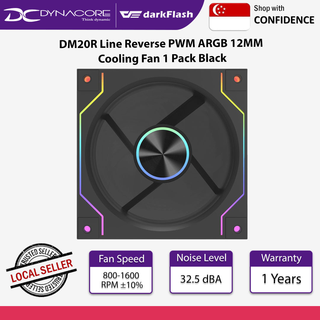 DarkFlash DM20R Line Reverse PWM ARGB 12MM Cooling Fan 1 Pack Black - DM20R LINE-B-HQ1