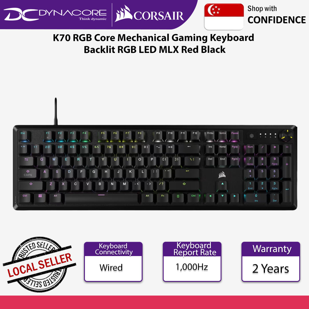 CORSAIR K70 RGB CORE Mechanical Gaming Keyboard, Backlit RGB LED, CORSAIR MLX Red, Black - 840006666707