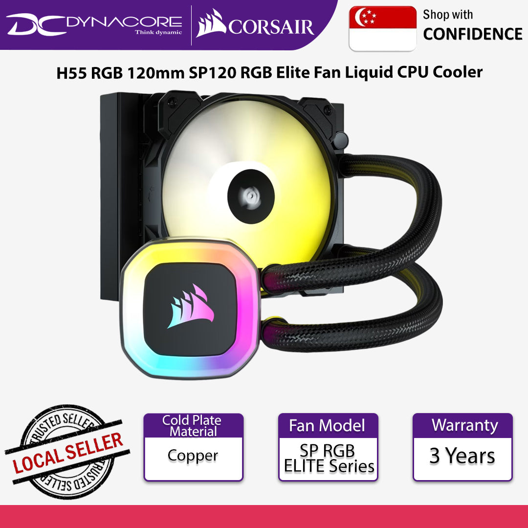 Corsair H55 RGB 120mm SP120 RGB Elite Fan Liquid CPU Cooler - 840006638704