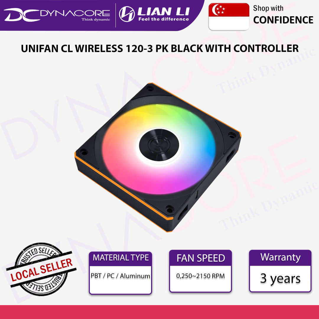 Lian Li 12CL1W3B UNI FAN CL Wireless 120mm Fan Black 3 Pack With Hub - 4718466018533