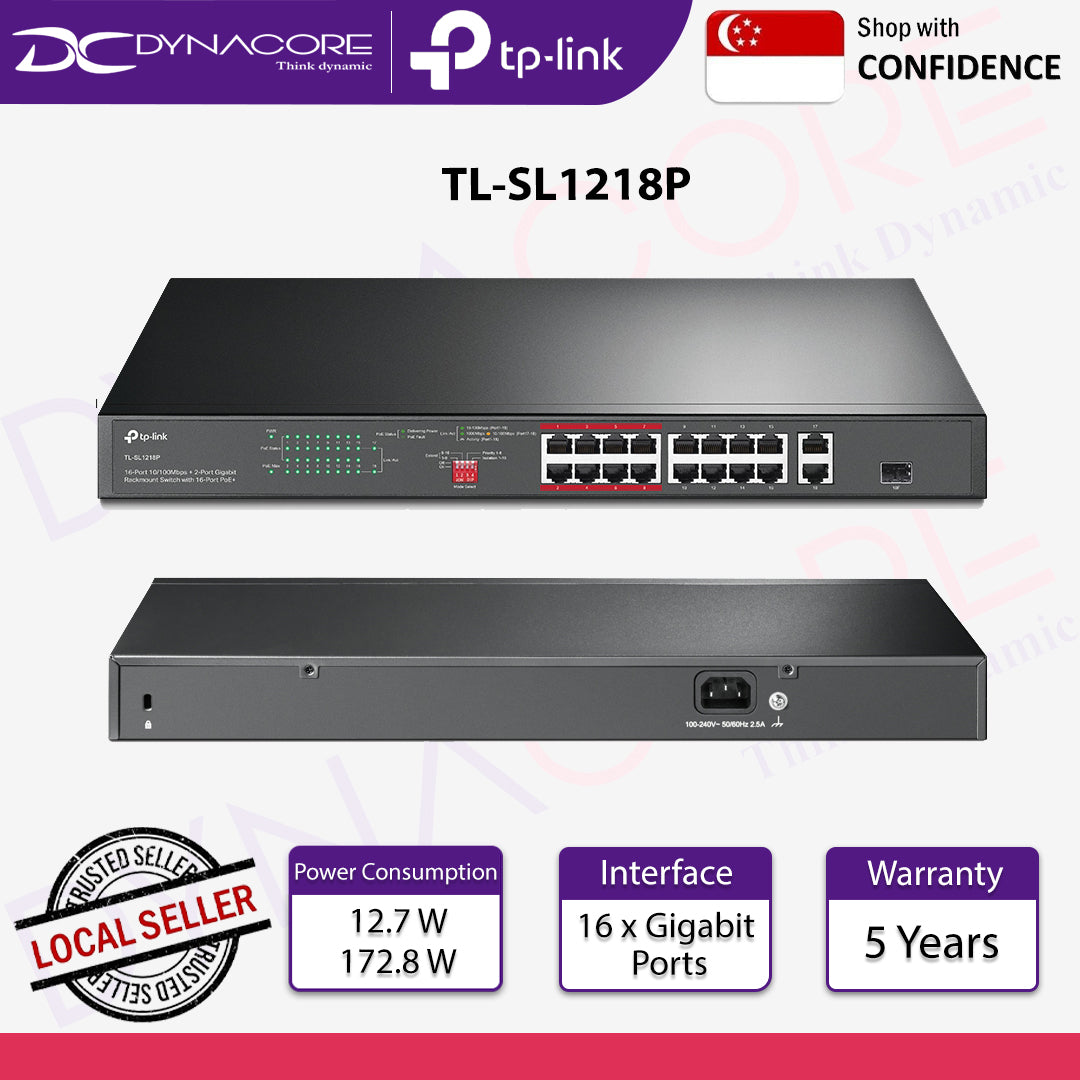 TP-Link TL-SL1218P 16-Port 10/100 Mbps + 2-Port Gigabit Rackmount Switch with 16-Port PoE+ - 6935364052829