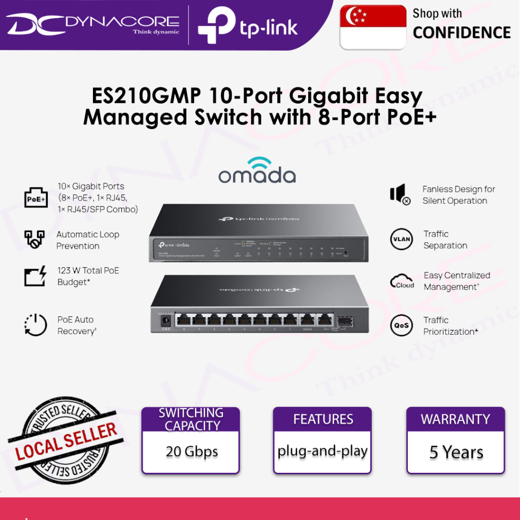 TP-LINK ES210GMP Omada 10-Port Gigabit Easy Managed Switch with 8-Port PoE+ - 8885020620955
