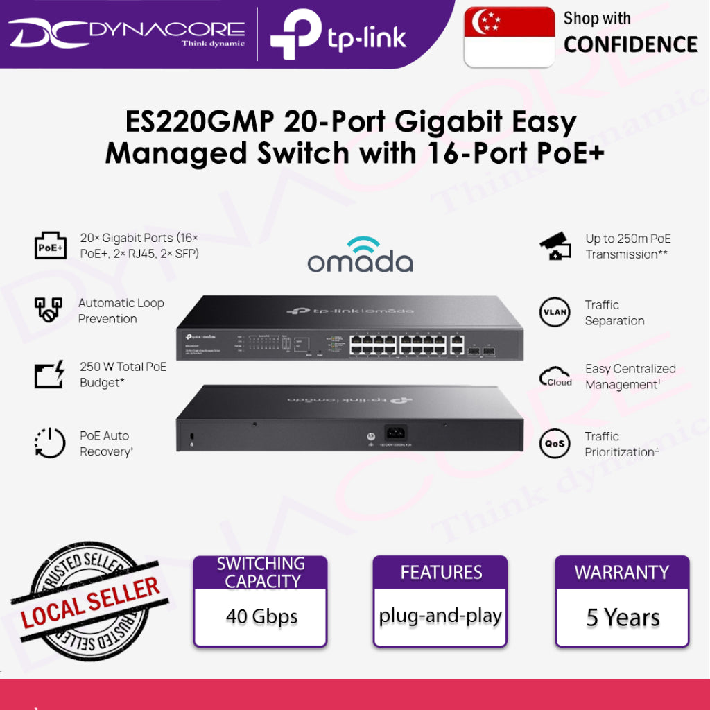 TP-LINK ES220GMP Omada 20-Port Gigabit Easy Managed Switch with 16-Port PoE+ - 8885020625943