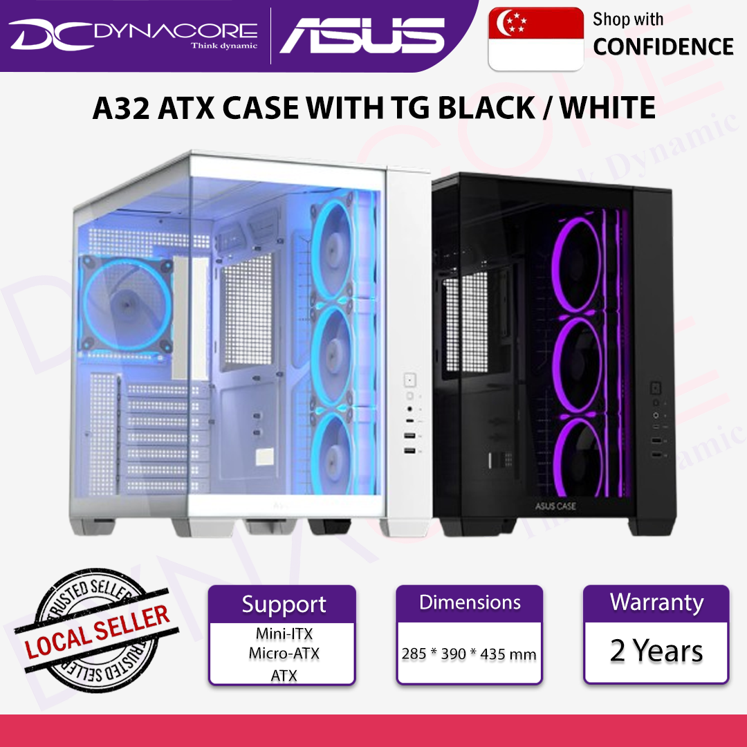 ASUS A32 ATX Dual-Chamber Tempered Glass PC Case with USB Type-C - Black / White