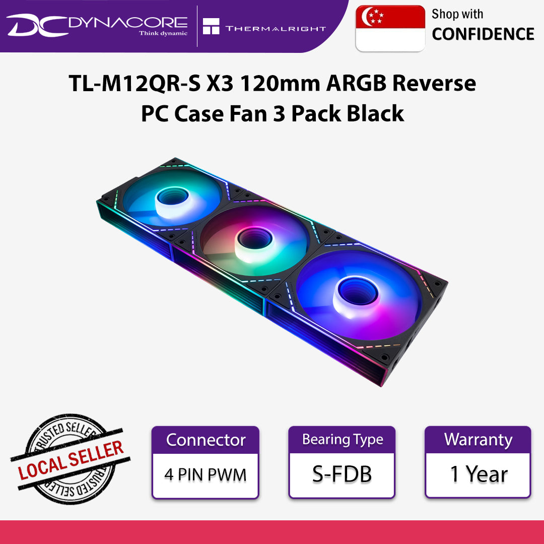 Thermalright TL-M12QR-S X3 120mm ARGB Reverse PC Case Fan 3 Pack Black - 814256022255