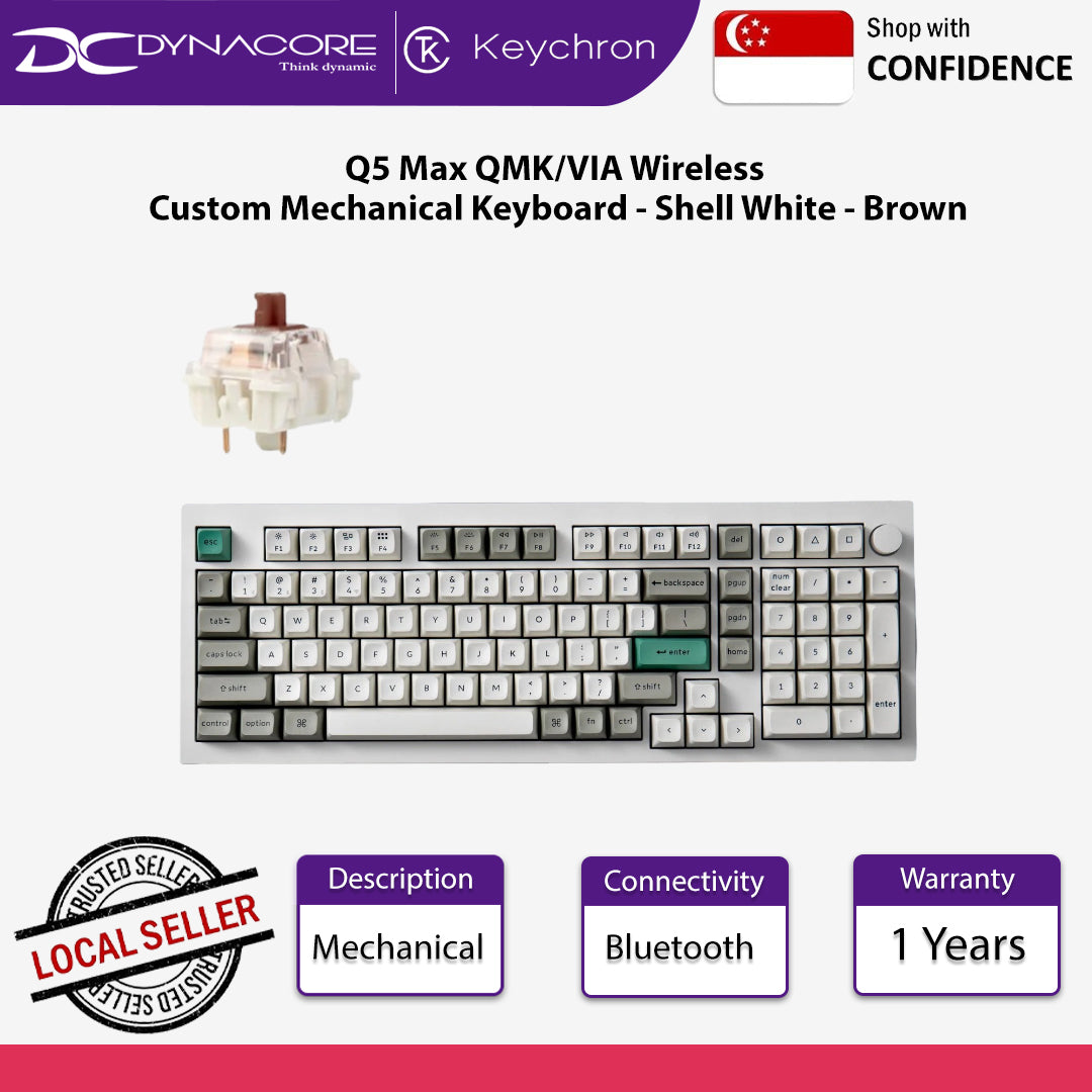 Keychron Q5 Max QMK/VIA Wireless Custom Mechanical Keyboard - Shell White - Brown - 4895248864424