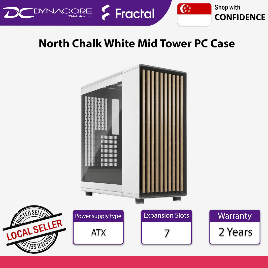 Fractal Design North Chalk White Mid Tower PC Case Clear Tempered Glass Oak Wood Front - FDNORTHCHKWHTTG