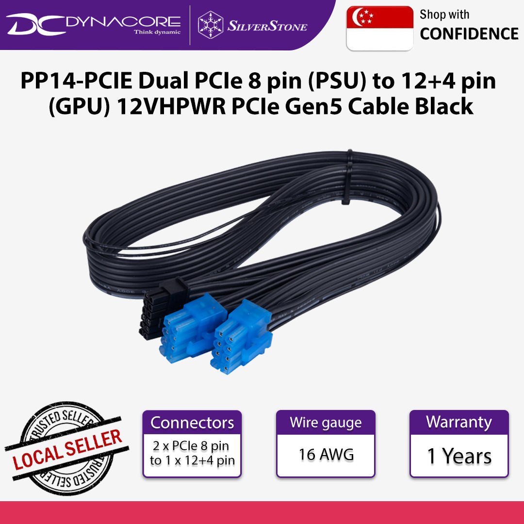 SilverStone PP14-PCIE Dual PCIe 8 pin (PSU) to 12+4 pin (GPU) 12VHPWR PCIe Gen5 Cable Black - SST-PP14-PCIE