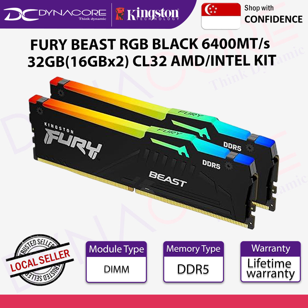 Kingston FURY Beast RGB 32GB (2 x 16GB) DDR5 6400MHz CL32 Desktop Memory Kit - KF564C32BBEAK2-32