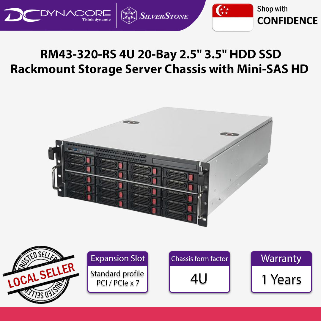 SilverStone RM43-320-RS 4U 20-Bay 2.5" 3.5" HDD SSD Rackmount Storage Server Chassis with Mini-SAS HD - SST-RM43-320-RS