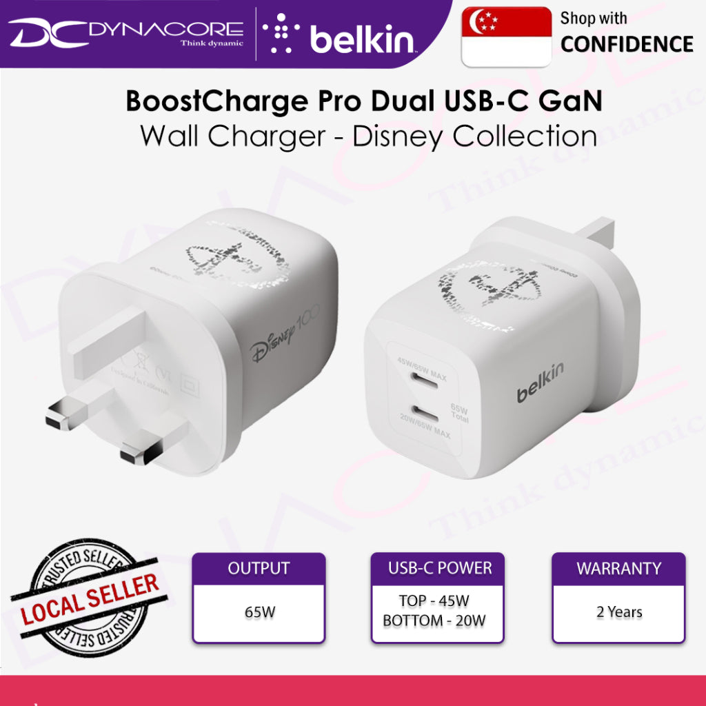 Belkin Disney Series BoostCharge Pro Dual USB-C GaN Wall Charger with PPS 65W - WCH013MYWH-DY - 745883867790