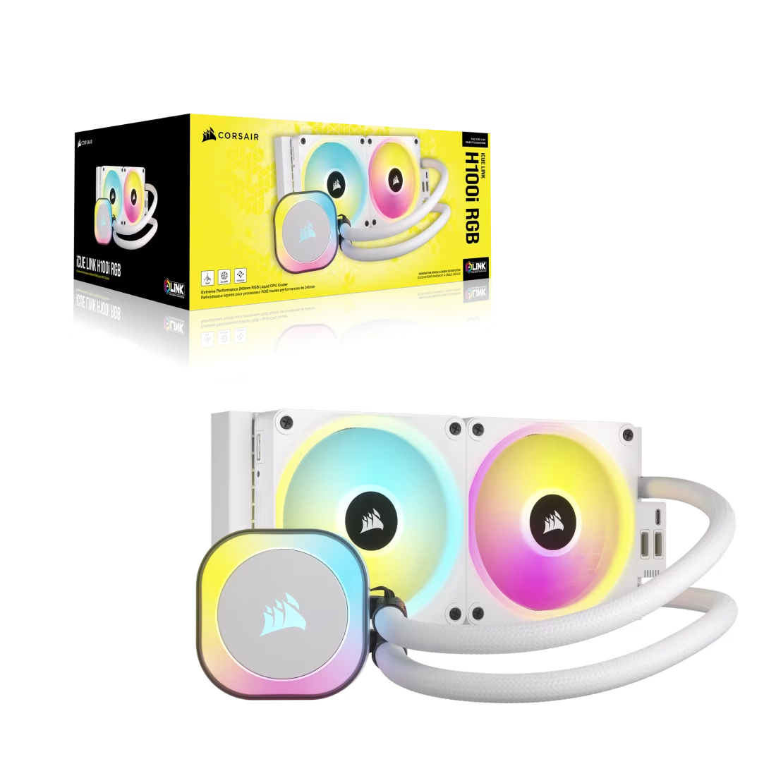 Corsair iCUE LINK H100i QX120 RGB Fans 240mm Radiator RGB AIO Liquid CPU Cooler - White - 840006665854