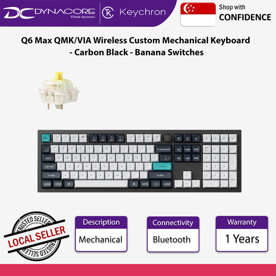 Keychron Q6 Max QMK/VIA Wireless Custom Mechanical Keyboard - Carbon Black - Banana Switches - 4895248865766