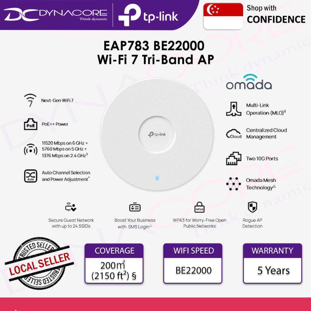 TP-LINK EAP783 BE22000 Wi-Fi 7 Ceiling Mount Tri-Band Access Point - 2 x 10G port, PoE++, Omada Mesh - 4895252503517