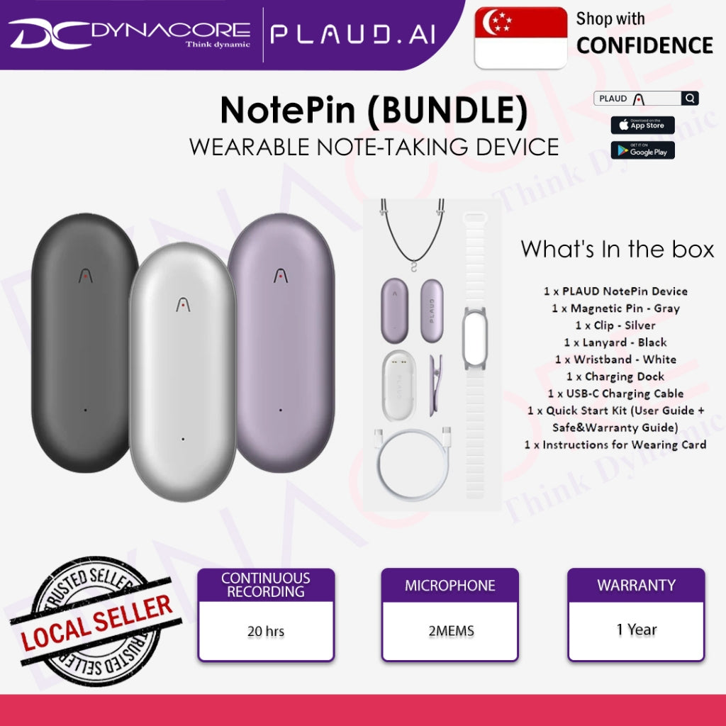 PLAUD NOTEPIN BUNDLE - WEARABLE NOTE-TAKING DEVICE (COSMIC GREY/LUNAR SILVER/SUNSET PURPLE) - 1 Year - 6977512610246,6977512610253,6977512610260