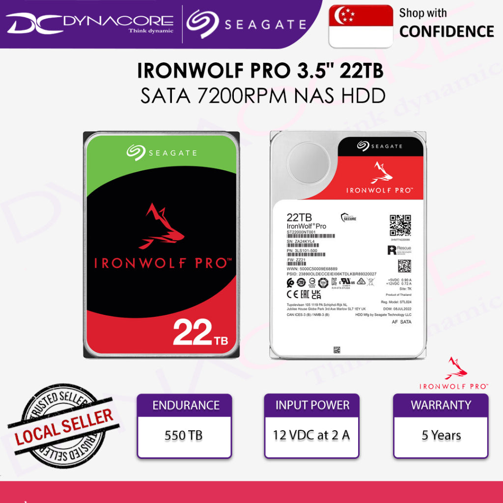 SEAGATE IRONWOLF PRO 3.5"22TB SATA 7200RPM NAS HDD(5YRS BY ONLINE) - ST22000NT001