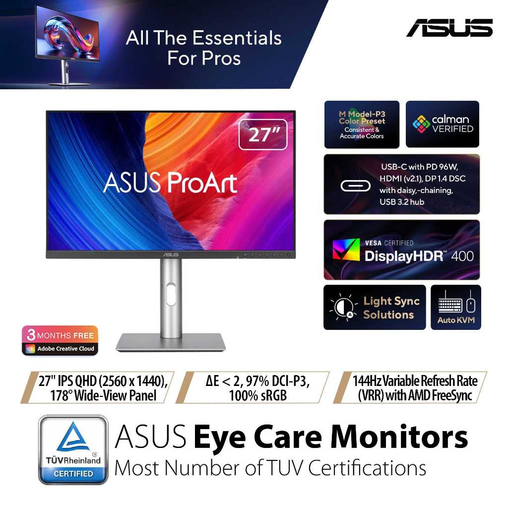 ASUS ProArt Display PA278CGRV Professional Monitor – 27-inch, IPS, 144Hz, QHD (2560 x 1440), USB-C, 97% DCI-P3 - ASUSPA278CGRV